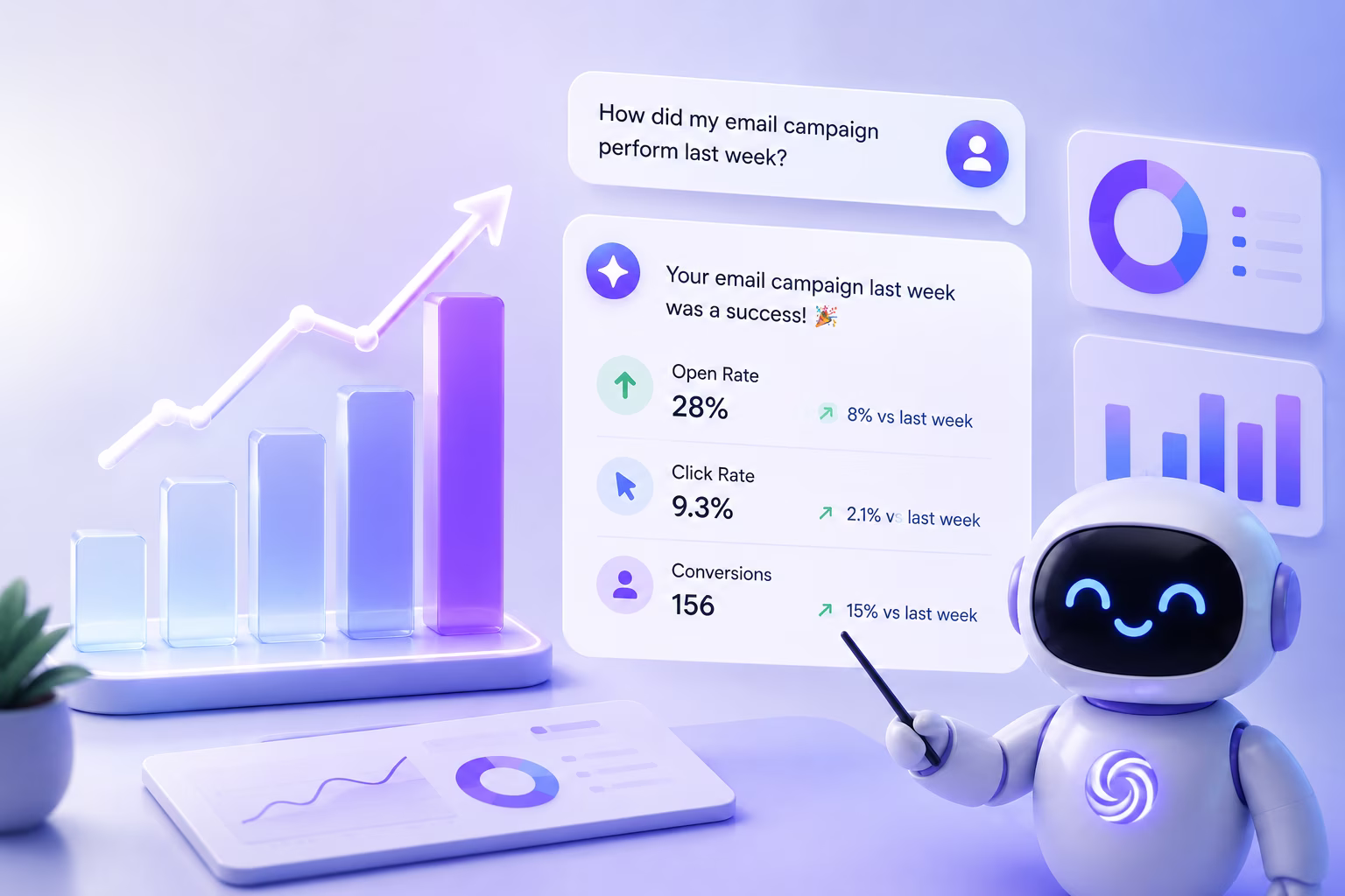 Data Analyst answering a question about last week's email campaign, showing open rate, click rate and conversions